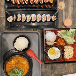 Harue Kfood - Kimchi Soup (Pork & Kimchi) w/ Rice, Bulgogi Box, Spam Gimbap, Spicy Tuna Gimbap