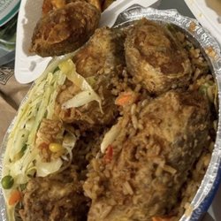 Island Flavors Caribbean Restaurant - Fried sweet plantains, Guyanese fried rice with fried fish.