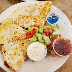 Apple Annies Kitchen & Bakery - My lunch choice: Hawaiian Chicken Quesadilla with Ranch, Sour cream, Salsa and mini salad = $10.99. 6/29/2022