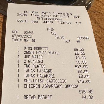 Cafe Antipasti - The bill - Italian Near Me - Glasgow, GLG Cafe Antipasti - The bill - Italian Near Me - Glasgow, GLG
