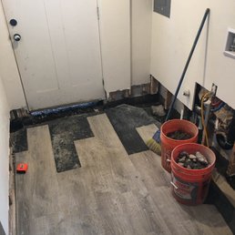I cut out the drywall myself in prep. Here you see the drain dug around the perimeter. I cut out the drywall myself in prep. Here you see the drain dug around the perimeter.