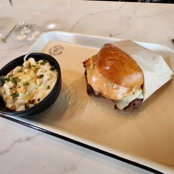 Broken Spirits Distillery - Wagyu smash El Brito burger with a side of mac+ cheese. - Distilleries Near Me - Long Beach, California Broken Spirits Distillery - Wagyu smash El Brito burger with a side of mac+ cheese. - Distilleries Near Me - Long Beach, California