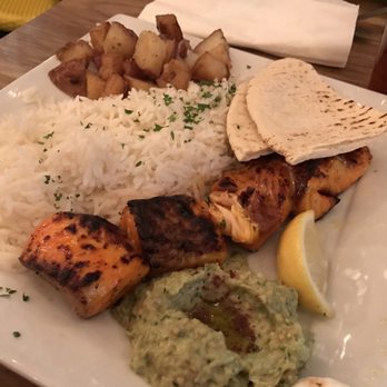 Sidewalk Grill - excellent grilled salmon baba ghanouj and roasted potatoes - Mediterranean Near Me - Los Angeles, California Sidewalk Grill - excellent grilled salmon baba ghanouj and roasted potatoes - Mediterranean Near Me - Los Angeles, California