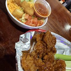 CJ's Clubhouse - Sweet chili boneless wings and honey I shrunk the house salad with French