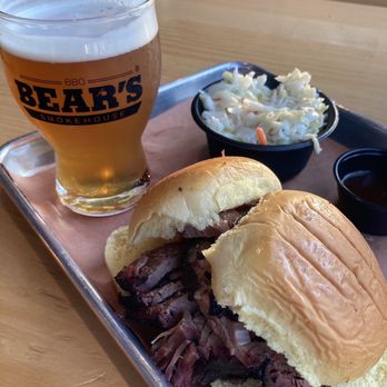 Bear's Smokehouse - Brisket "sandwich" ($12), coleslaw side ($4), happy hour draft ($5) - Barbeque Near Me - New Haven, Connecticut Bear's Smokehouse - Brisket "sandwich" ($12), coleslaw side ($4), happy hour draft ($5) - Barbeque Near Me - New Haven, Connecticut