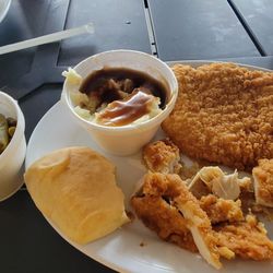 The Oar House - Partial eaten chicken, mashed potatoes and green beans.