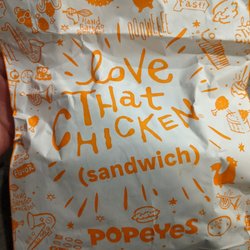Popeyes Louisiana Kitchen - The famous chicken sandwich! They wrote which was the spicy sandwich on the bag.