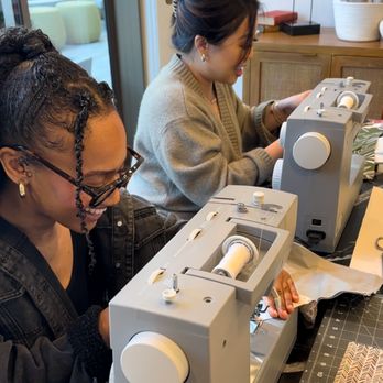 Sage Studio LA - Kelly & Jianni working on their projects! Both are first time sewists! - Team Building Activities Near Me