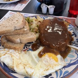 Kacie's Sports Cafe - Generous portion sizes.  Steak, eggs, potatoes & toast with brown gravy