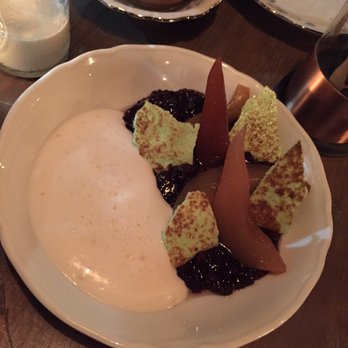 NaKorn - Black rice sticky pudding with poached pears and coconut emulsion - a 5-star dessert! - Thai Near Me - Evanston, Illinois