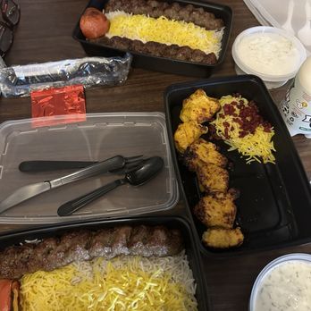 Lor Kebab - 2 skewer koobideh (beef) and 1 extra skewer of jooneh (chicken) kabob - Persian/Iranian Near Me - Gainesville, Florida Lor Kebab - 2 skewer koobideh (beef) and 1 extra skewer of jooneh (chicken) kabob - Persian/Iranian Near Me - Gainesville, Florida