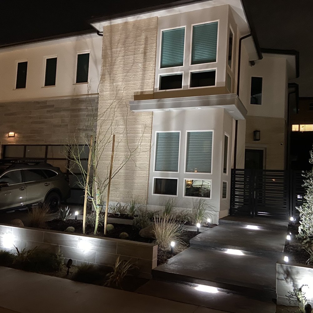 Cardiel Construction & Design - Steps, pony wall with matching tile, plants, trees, LED spot lights, and metal gate - Landscaping Near Me Cardiel Construction & Design - Steps, pony wall with matching tile, plants, trees, LED spot lights, and metal gate - Landscaping Near Me