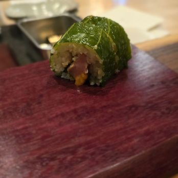 5Kinokawa - Uni and tuna wrapped in turnip green; a traditional style of how things would have been done pre-nori - Japanese Near Me - Houston, Texas