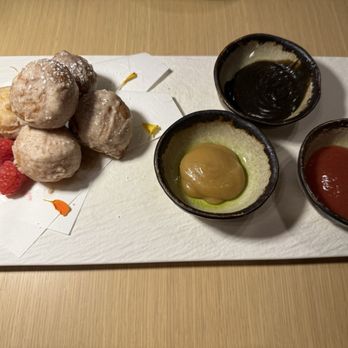 Katsuya Ko - Mochi donuts with 3 dips on the side (brown butter glaze, strawberry compote, and black sesame caramel) - Japanese Near Me - San Diego, California Katsuya Ko - Mochi donuts with 3 dips on the side (brown butter glaze, strawberry compote, and black sesame caramel) - Japanese Near Me - San Diego, California