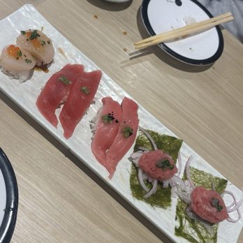 Sushi REV - yuzu scallop, tuna, toro, tuna on "seaweed" - Sushi Bars Near Me - Rowland Heights, California Sushi REV - yuzu scallop, tuna, toro, tuna on "seaweed" - Sushi Bars Near Me - Rowland Heights, California