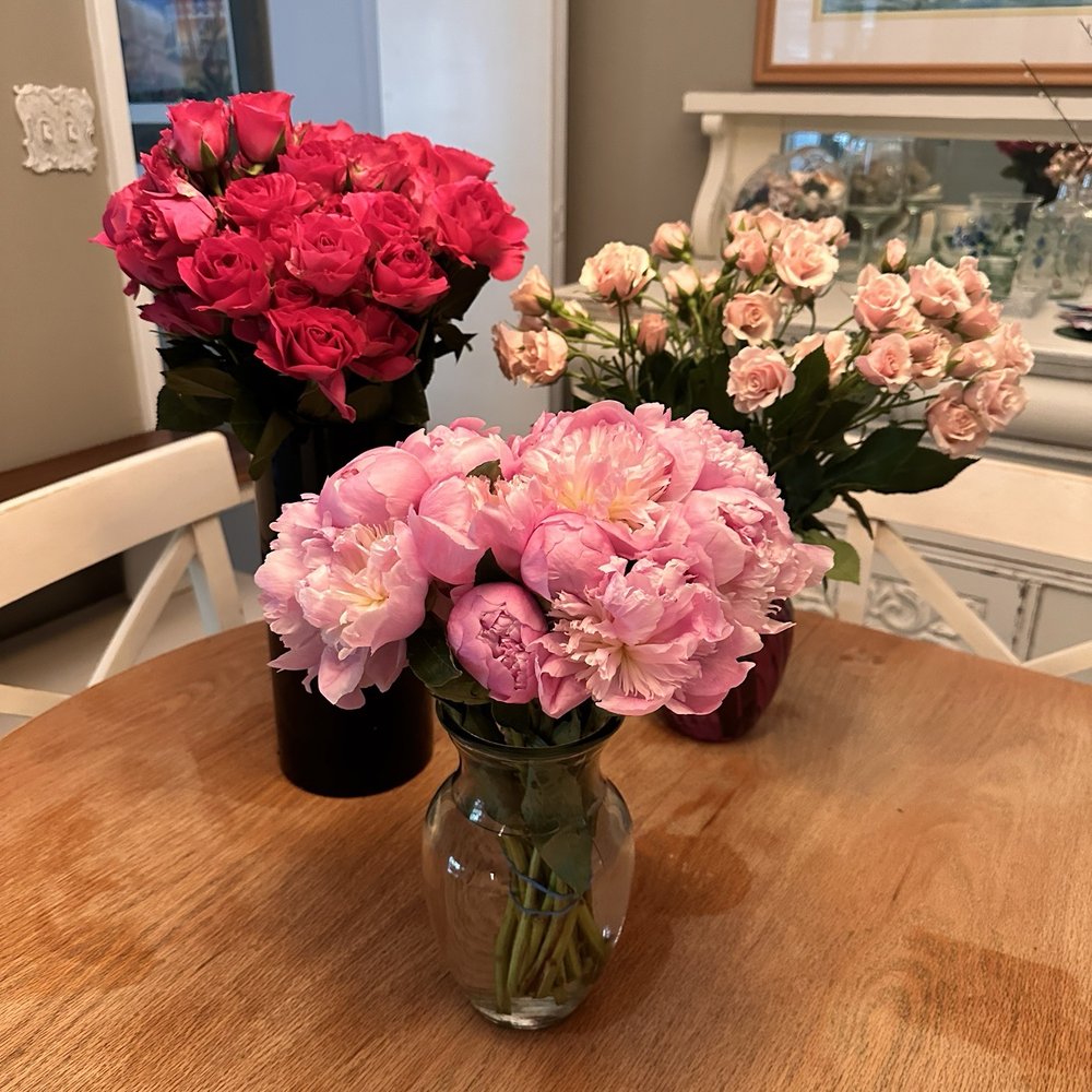 Spray roses, peonies, and beautiful full red roses!