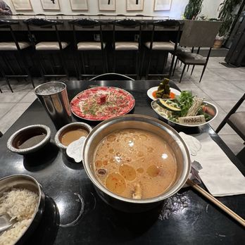 Mokkoji Shabu Shabu - Flat Iron Mokkoji Cut, spicy pork broth, Cucumber with Chili Oil Plate. - Hot Pot Near Me - Riverside, California