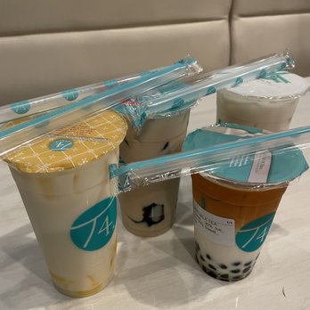 T4 - jasmine milk tea w pudding, roasted oolong milk tea w grass jelly, tj milk tea (thai tea and jasmine milk tea) from left to right - Bubble Tea Near Me - Oakland, California