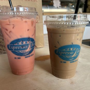 Espresso Bay - Cherry Blossom Tea Latte and Reese's Mocha Latte (both iced)! - Coffee & Tea Near Me - Traverse City, Michigan