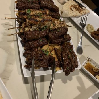 Pinched on the River - A mix meats kabob platter - Mediterranean Near Me - Chicago, Illinois Pinched on the River - A mix meats kabob platter - Mediterranean Near Me - Chicago, Illinois