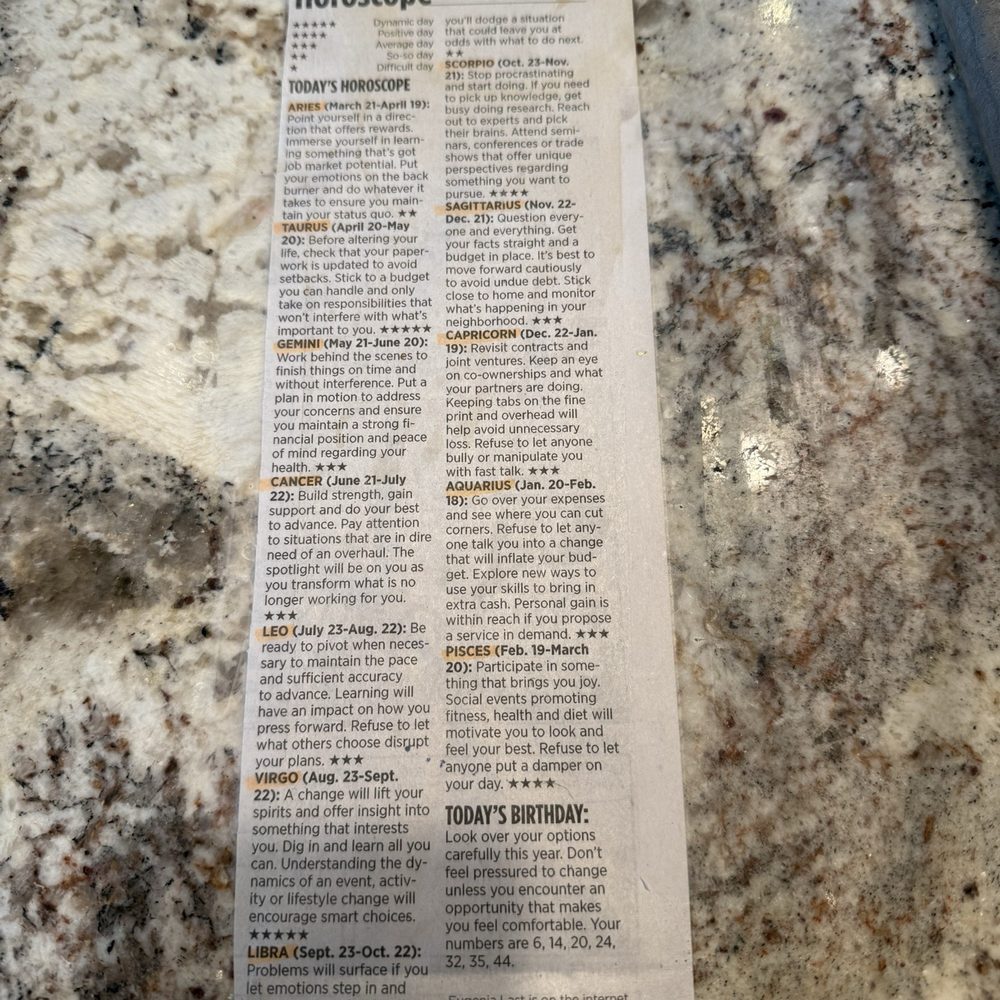 Daily Horoscopes posted on front counter