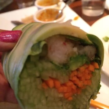 Mingalaba - Uber-thin julienned cucumbers and carrots accompany the shrimp tempura inside the yummy Avocado Spring Roll. - Burmese Near Me - Burlingame, California Mingalaba - Uber-thin julienned cucumbers and carrots accompany the shrimp tempura inside the yummy Avocado Spring Roll. - Burmese Near Me - Burlingame, California