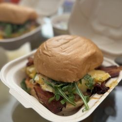 Egghill - The Mustache (Two Cage-free Eggs, Gifford's Bacon, Fontal Cheese, Caramelized Onion Jam, House Dijonaise & Arugula on Warm Charpier Bun)