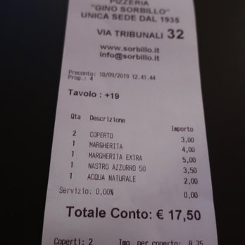 Sorbillo - Our very reasonable lunch bill with the omnipresent "coperto" charge as well. - Pizza Near Me - Naples, NA