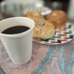 El Bagel - Drip coffee, everything, salt, plain and jalapeño cheddar bagels for breakfast.