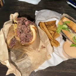 Pastrami Sandwich, large fries, and the Frisco's Cheeseburger