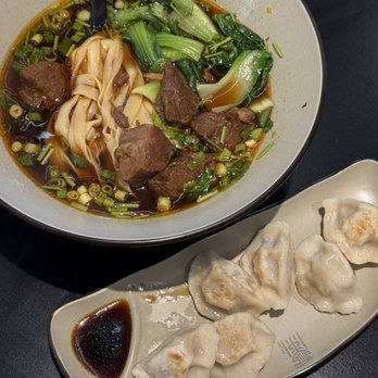 Highland Noodles - A2. Braised Beef Soup Noodles, C8. Pan-fried Dumpling (6 Pcs) - Noodles Near Me - Roseville, California