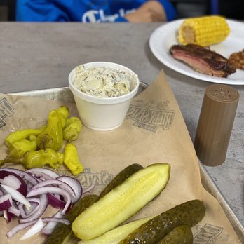 Billy Sims BBQ - Pickles, peppers, and onions.  Baked potato salad (individual side) - Barbeque Near Me - Midwest City, Oklahoma