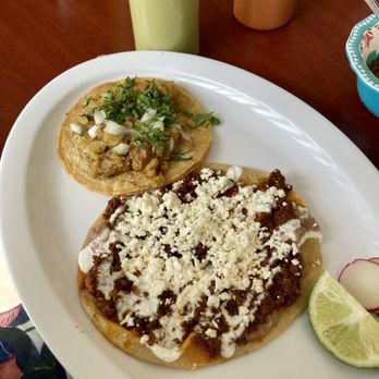 Lala's Cafe - Huarache with chorizo (front) and taco with stewed chicharron (back) - Mexican Near Me - Indianapolis, Indiana