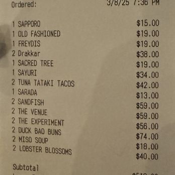 Sandfish - This is the receipt I received at the table. The subtotal adds up to $505 NOT $519. Just beware not to get overcharged! - Sushi Bars Near Me - Palm Springs, California Sandfish - This is the receipt I received at the table. The subtotal adds up to $505 NOT $519. Just beware not to get overcharged! - Sushi Bars Near Me - Palm Springs, California