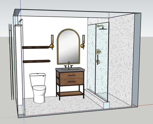 3D rendering - The client requested a 3D rendering and design ideas for updating a mid-century bathroom. The vision includes terrazzo tile for a timeless yet modern look, open wooden shelves for functional storage, and brass accents to add warmth and elegance. A floating vanity and wall sconces will enhance the retro-modern aesthetic while maintaining a clean, airy feel. 3D rendering - The client requested a 3D rendering and design ideas for updating a mid-century bathroom. The vision includes terrazzo tile for a timeless yet modern look, open wooden shelves for functional storage, and brass accents to add warmth and elegance. A floating vanity and wall sconces will enhance the retro-modern aesthetic while maintaining a clean, airy feel.