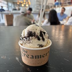 The Creamery - Cookies and cream on top scoop Tres leches cake on bottom scoop