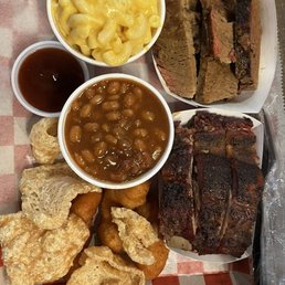 BBQ Baby Back Ribs and Brisket with baked beans and Mac n cheese
