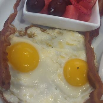 Cafe De Olla - Eggs, bacon and fresh fruit comes with any order of pancakes - American Near Me - Burbank, California