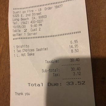 Sushi On Fire - Dine in receipt - Sushi Bars Near Me - Long Beach, California Sushi On Fire - Dine in receipt - Sushi Bars Near Me - Long Beach, California