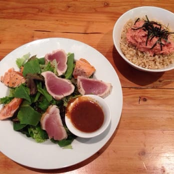 Fukada - $11 lunch special, seafood salad with seared salmon & albacore & spicy tuna don over brown rice! - Japanese Near Me - Irvine, California Fukada - $11 lunch special, seafood salad with seared salmon & albacore & spicy tuna don over brown rice! - Japanese Near Me - Irvine, California