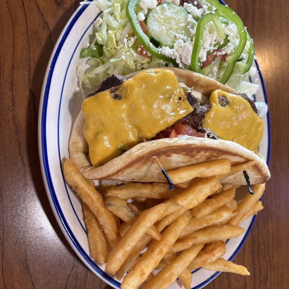 Santorini - Cheeseburger pita lunch combo- $12.49 including a drink! - Greek Near Me - High Point, North Carolina Santorini - Cheeseburger pita lunch combo- $12.49 including a drink! - Greek Near Me - High Point, North Carolina