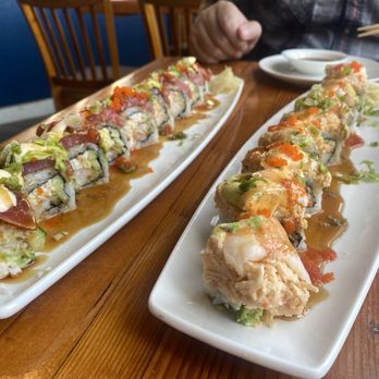 Tora Sushi Lounge - Special rolls, crunchy tiger roll (left) and double shrimp roll. - Sushi Bars Near Me - Seaside, Oregon