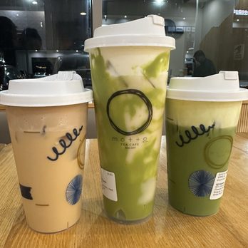 Motto Tea Cafe - From left: Motto No.9 milk tea, Matcha Mochi White Peach Moonlight (Milk) Tea, and Uji Matcha Latte-Cheese Mousse - Bubble Tea Near Me - San Gabriel, California Motto Tea Cafe - From left: Motto No.9 milk tea, Matcha Mochi White Peach Moonlight (Milk) Tea, and Uji Matcha Latte-Cheese Mousse - Bubble Tea Near Me - San Gabriel, California