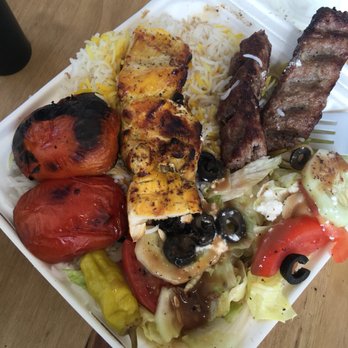 Chortke - Saffron chicken and ground meat kebabs over half rice half salad - Persian/Iranian Near Me - Rochester, New York Chortke - Saffron chicken and ground meat kebabs over half rice half salad - Persian/Iranian Near Me - Rochester, New York