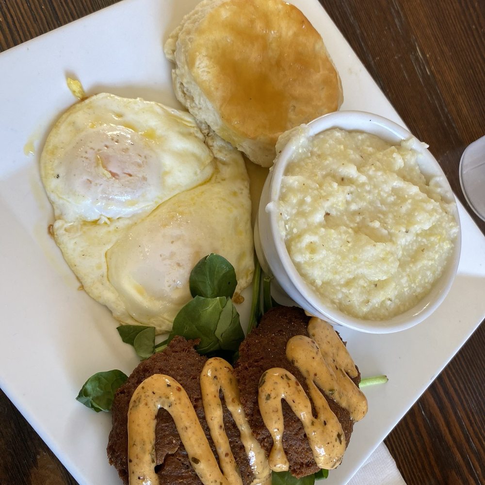 Salmon croquettes, 2 over easy eggs, grits & biscuit Salmon croquettes, 2 over easy eggs, grits & biscuit