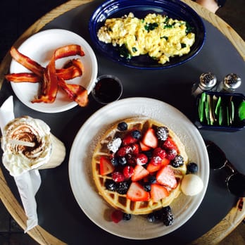 Cafe Borrone - Spinach, feta cheese and red onion scramble with bacon, Belgium waffle with mixed berries, and a frosted mocha - Breakfast & Brunch Near Me - Menlo Park, California