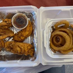 2 whole wings, 2 tenders and onion rings 2 whole wings, 2 tenders and onion rings