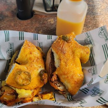 Bagels & Brew - Jalepeno cheese bagel with sausage, egg, and cheese - Bagels Near Me - Mission Viejo, California