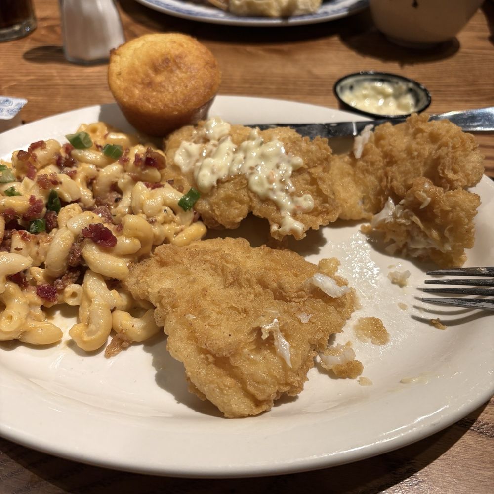 Fish Fry with Bacon Mac and cheese and a corn muffin.
