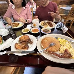 Tejas Restaurant - I ordered a two eggs and pancakes with bacon and a side of pork chops the chips were great